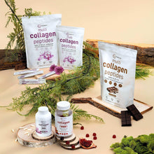 Collagen peptides supplement set with pouches and powder jars on a display tray