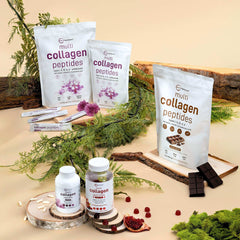 Micro Ingredients multi collagen peptides powder pouches with chocolate pieces capsules and supplement bottles on wood