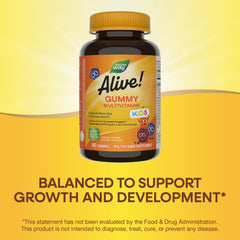 Nature's Way Alive kids gummy multivitamin bottle on yellow backdrop for balanced growth children's multivitamin gummies