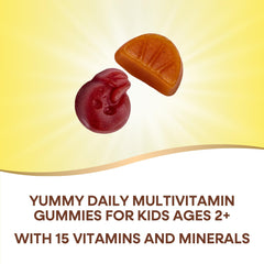 Nature's Way children's multivitamin gummies orange slice and berry on bright yellow background with product text