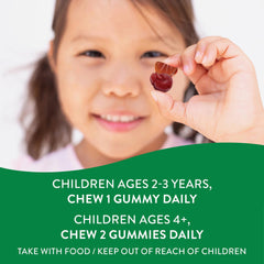 Nature's Way children's multivitamin gummies with smiling child holding a cherry gummy and dosage instructions