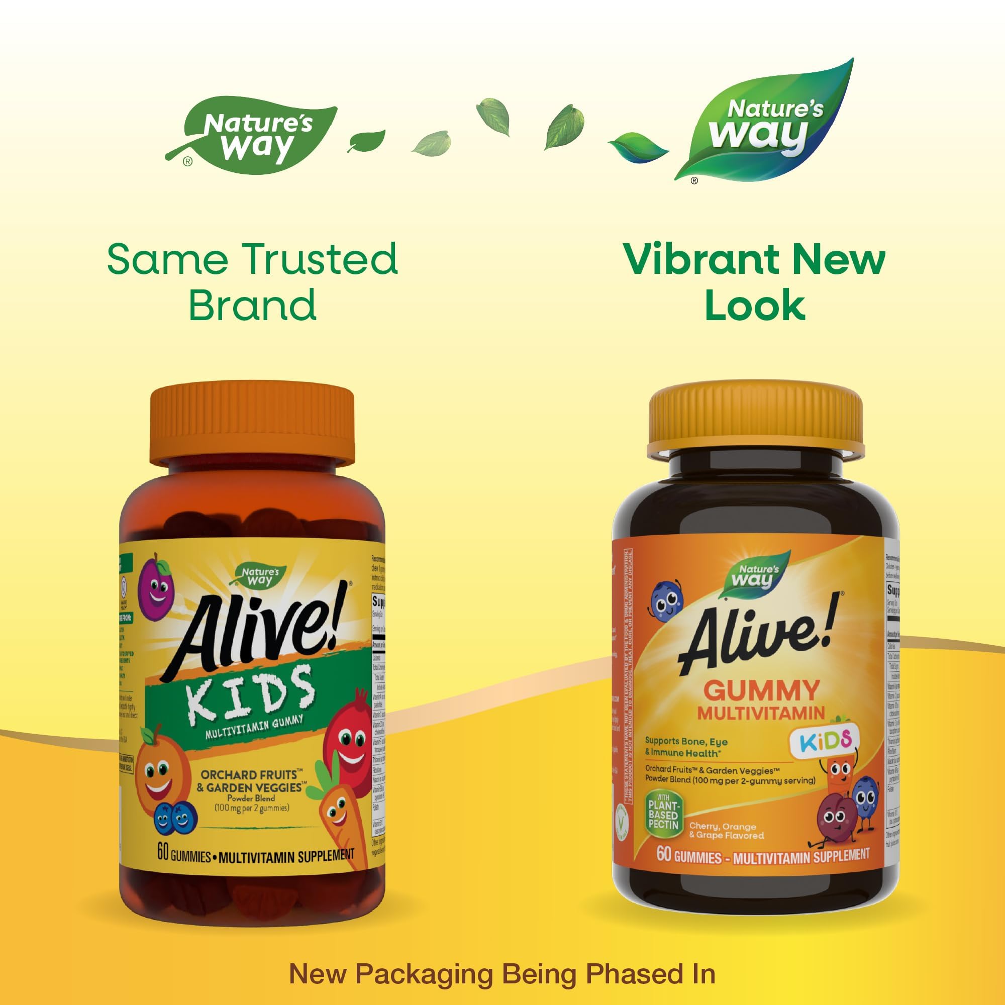 Nature's Way Alive Kids display showing old and new bottles of children's multivitamin gummies for daily use