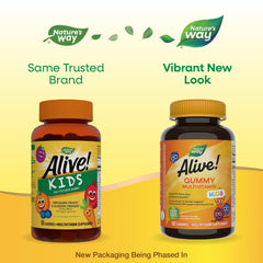 Nature's Way Alive Kids display showing old and new bottles of children's multivitamin gummies for daily use