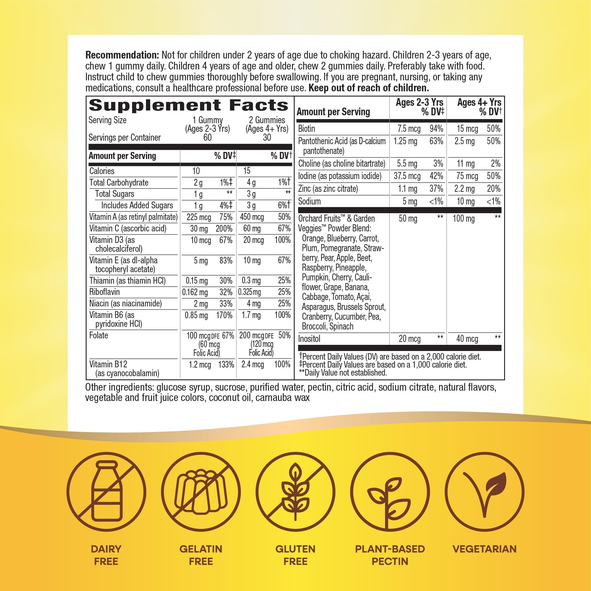 children's multivitamin gummies supplement facts label with dietary icons for dairy gelatin gluten free vegetarian