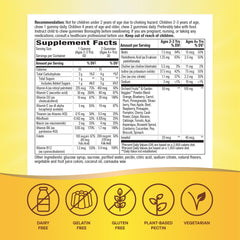 children's multivitamin gummies supplement facts label with dietary icons for dairy gelatin gluten free vegetarian