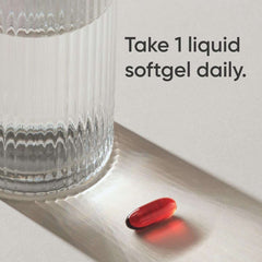 Sports Research red liquid softgel beside a glass and dosage text krill oil supplement 1000mg