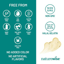 Halal gelatin and no added color, non-GMO supplement badge on product panel