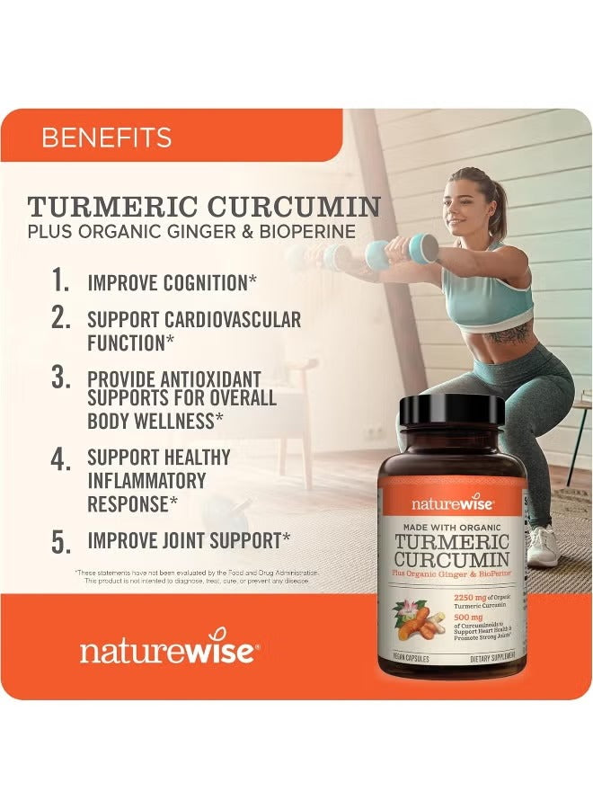 NatureWise organic turmeric curcumin capsules with ginger and bioprene, promoting overall body wellness