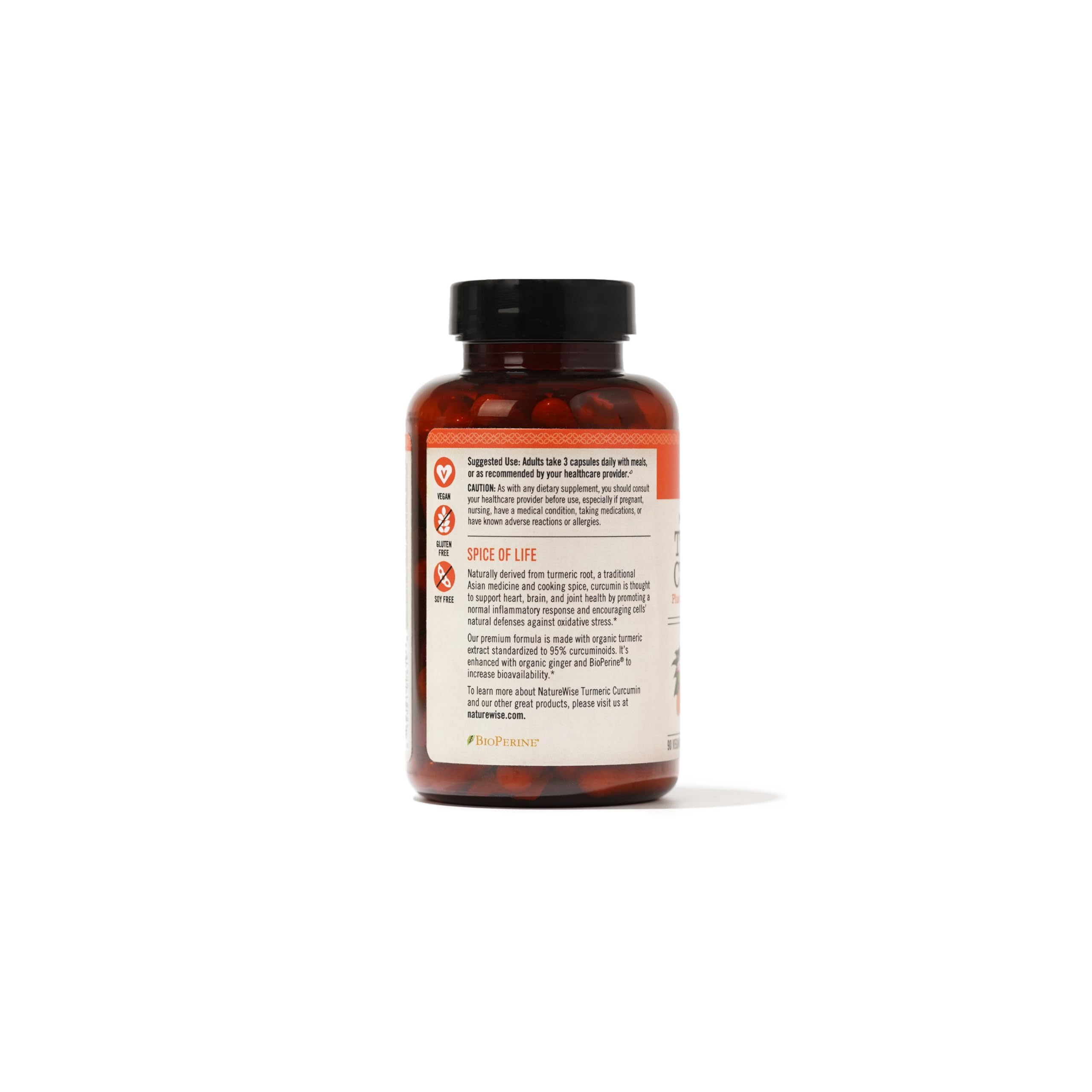 NatureWise amber bottle of turmeric curcumin supplement UAE with black cap and product label on white background