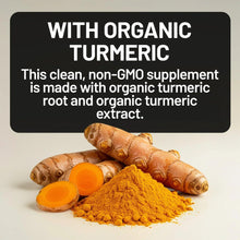 Organic turmeric curcumin supplement with turmeric roots and yellow powder