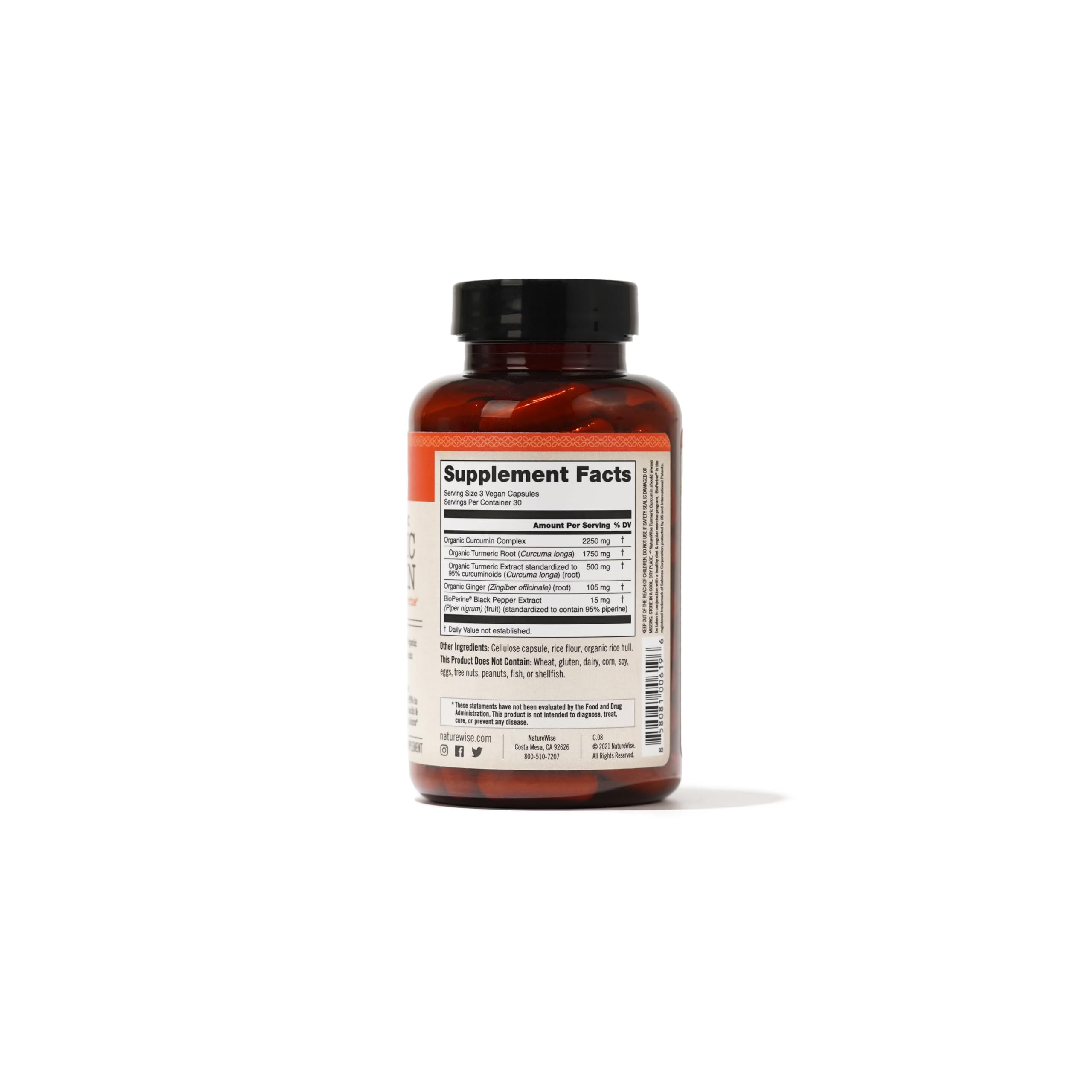 NatureWise amber supplement bottle showing supplement facts label and black cap turmeric curcumin supplement UAE