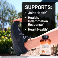 NatureWise turmeric curcumin supplement UAE bottle with runner stretching outdoors and listed joint and heart benefits