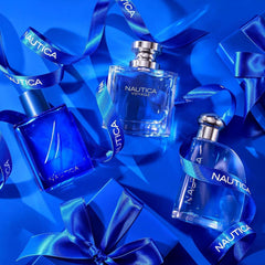 Nautica Voyage long lasting scent bottles with blue gift box and Nautica branded ribbon on blue background