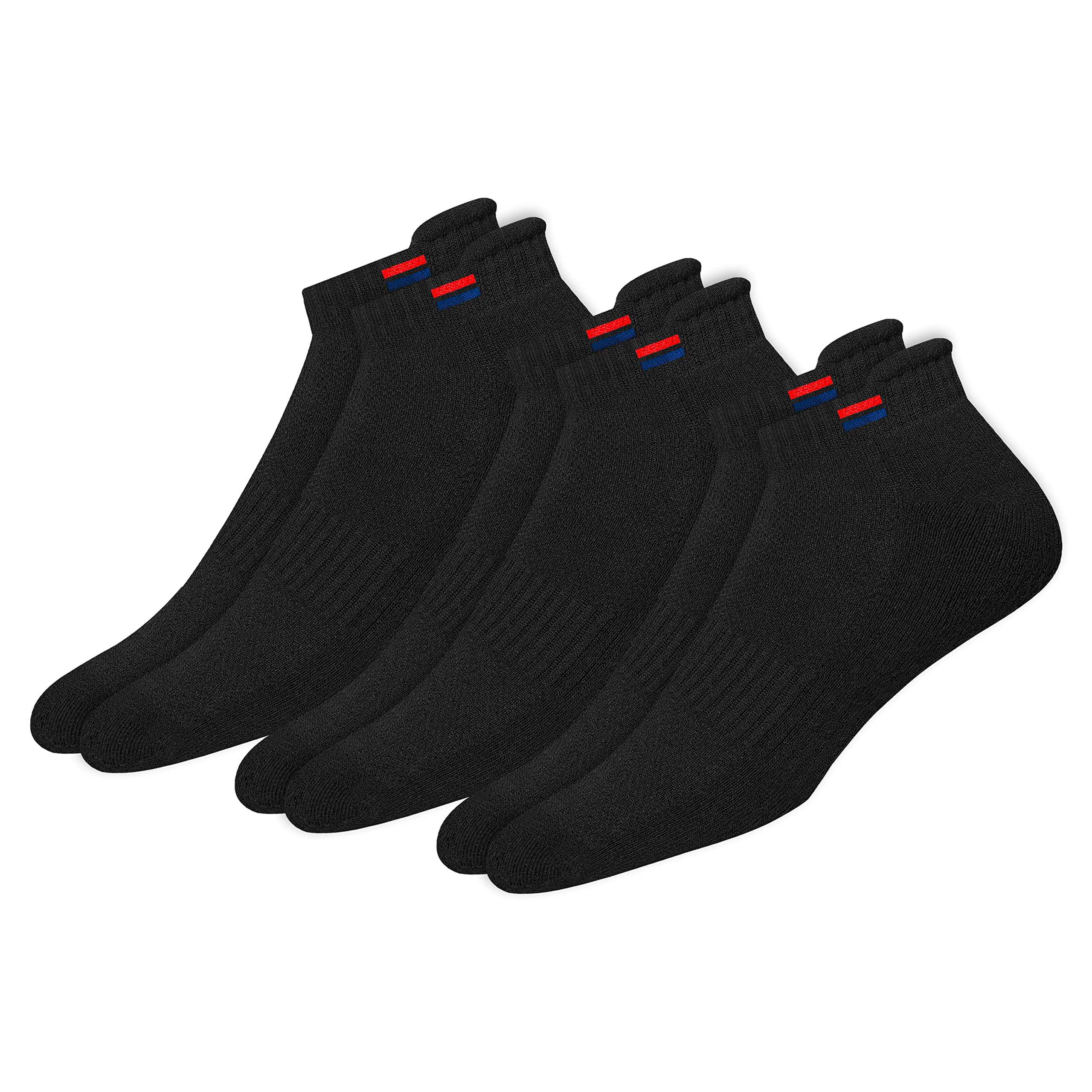 Set of black cotton cushioned ankle socks for men with red and blue stripes on cuff