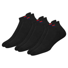 Set of black cotton cushioned ankle socks for men with red and blue stripes on cuff