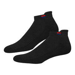 Black cotton cushioned ankle socks for men with ribbed design and red and blue stripe detail
