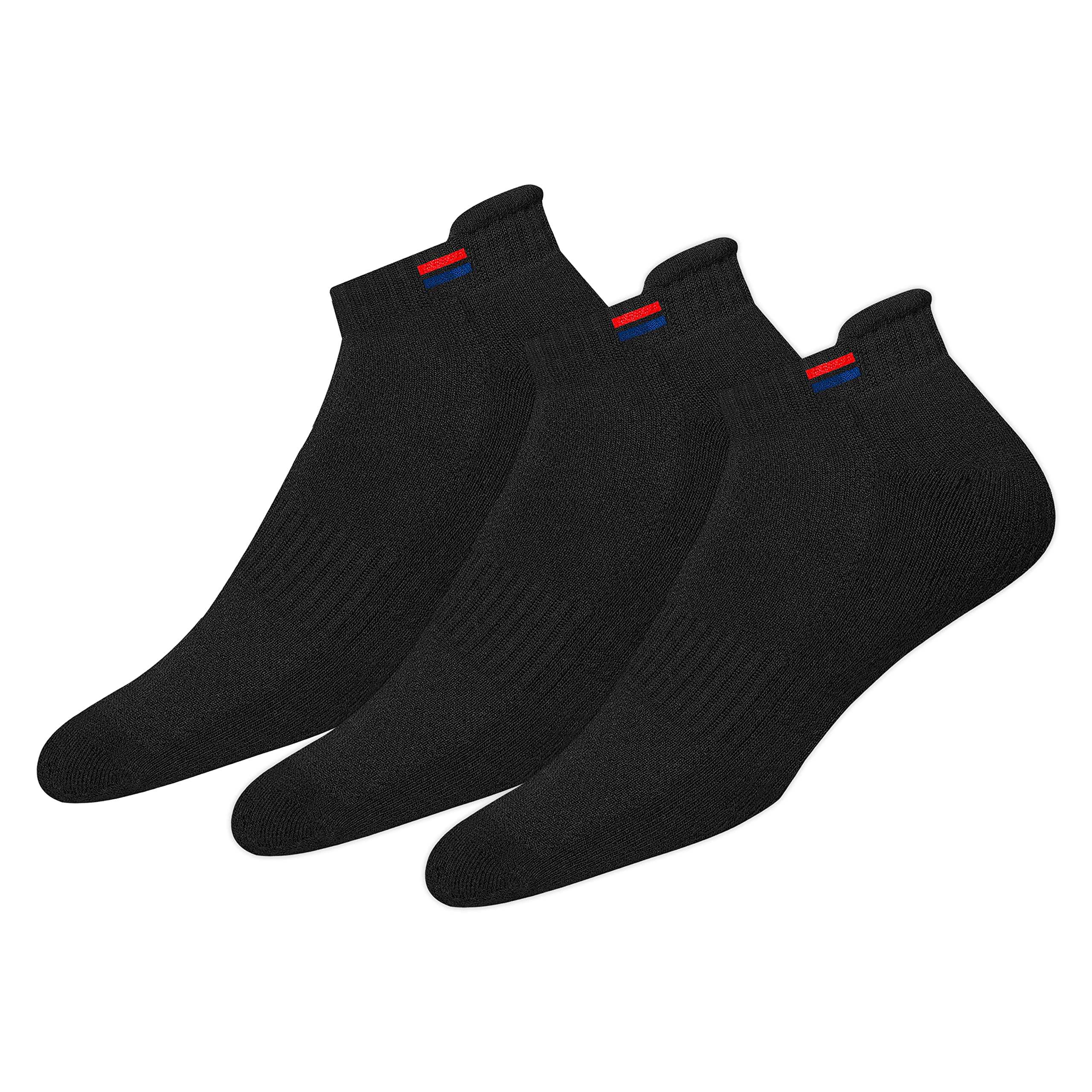 Black cotton cushioned ankle socks for men with red and blue stripe detail pack of three