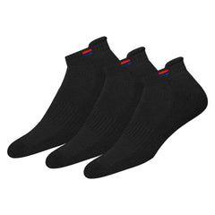 Black cotton cushioned ankle socks for men with red and blue stripe detail pack of three