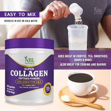 Super collagen powder tub with scoop, shown mixing instructions with water.