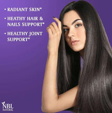 Model with long hair beside text: Radiant skin, healthy hair & nails, joint support.