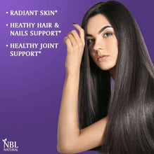 Model with long hair beside text: Radiant skin, healthy hair & nails, joint support.