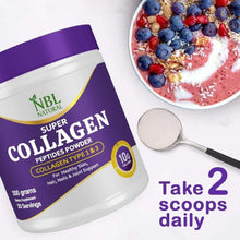 Collagen powder tub with measuring spoon and berries, "Take 2 scoops daily".