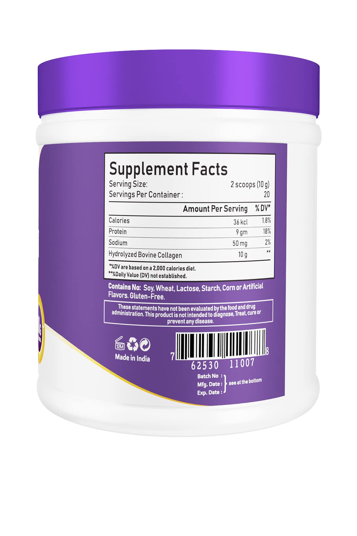 NBL NATURAL white jar with purple lid and label showing Supplement Facts for collagen peptides powder for skin and joints