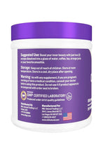 Collagen powder tub back with use directions and storage notes.