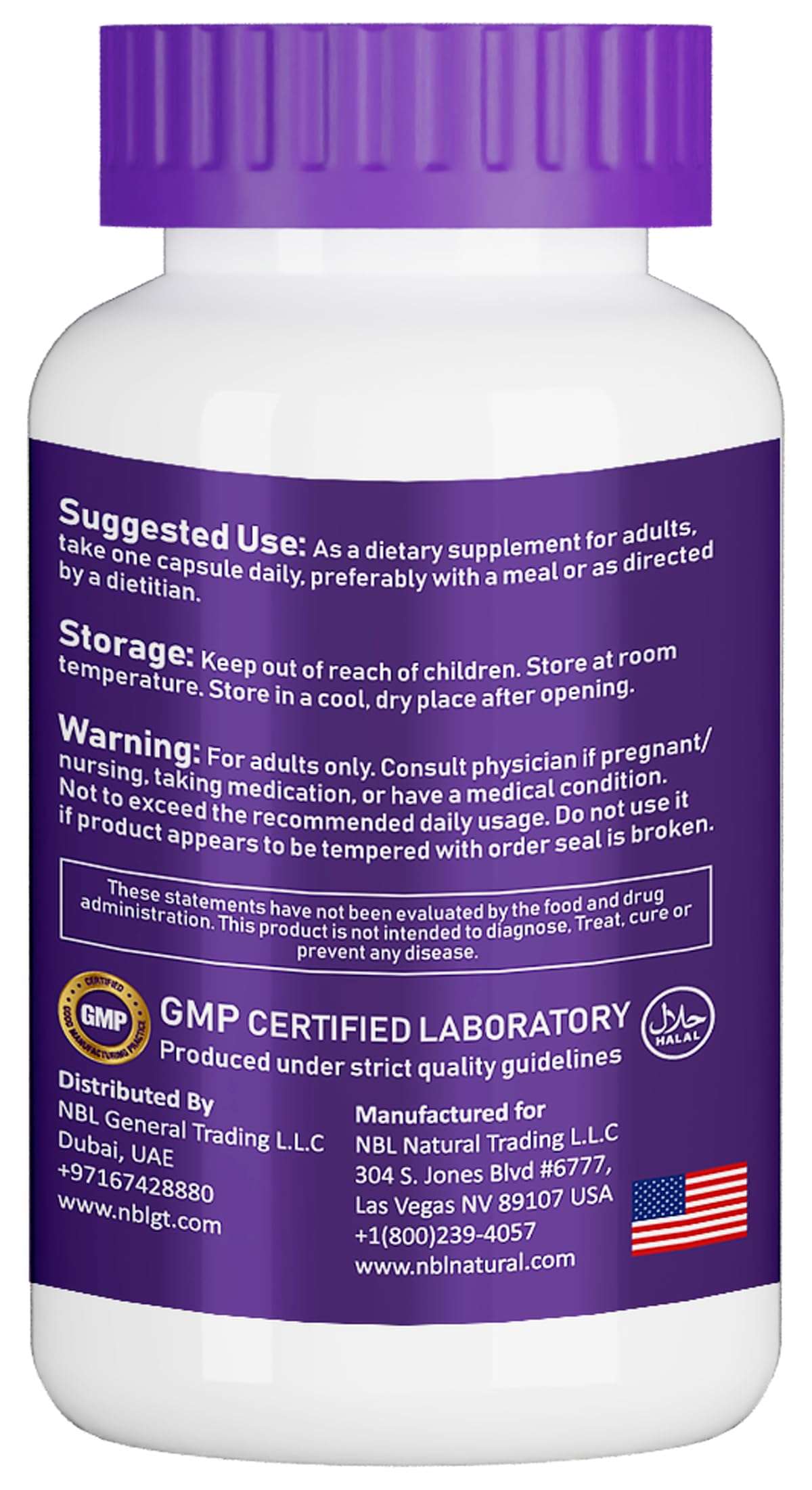 NBL NATURAL white bottle with purple cap showing back label text and directions for magnesium glycinate chelate supplement