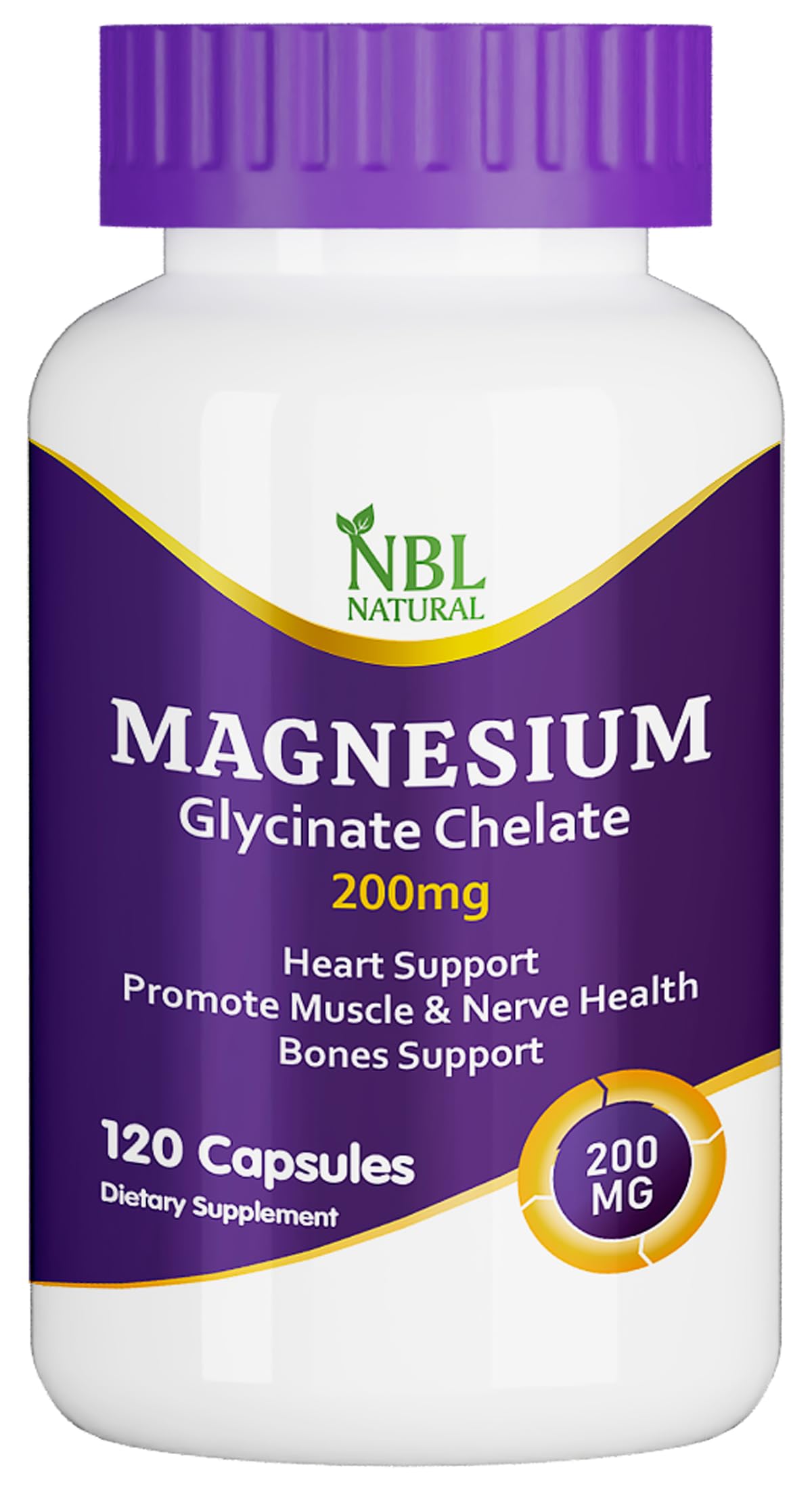 NBL NATURAL magnesium glycinate chelate supplement 200mg bottle 120 capsules purple label heart and bone support