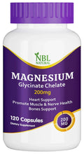 Magnesium glycinate chelate dietary supplement bottle, 200 mg, 120 capsules