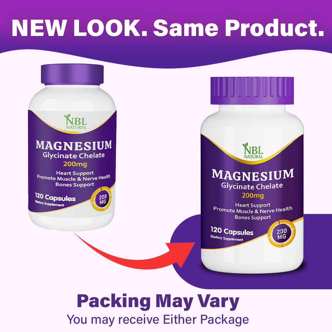 NBL NATURAL magnesium glycinate chelate supplement 200mg 120 capsules purple label new look packaging