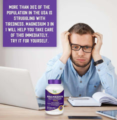 NBL NATURAL bottle of magnesium glycinate chelate supplement beside tired man at desk with laptop and notebook