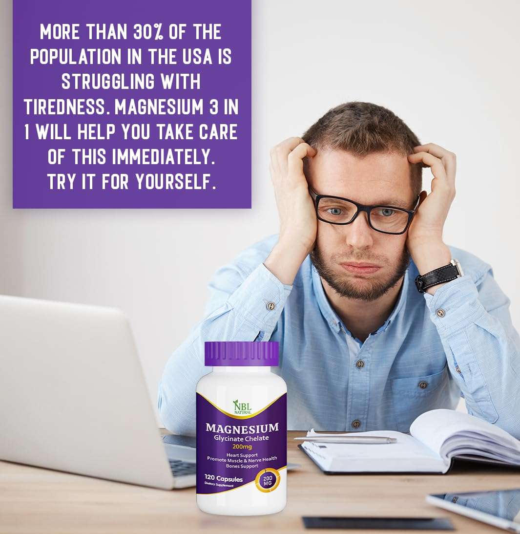 NBL NATURAL bottle of magnesium glycinate chelate supplement beside stressed man at desk with laptop and notes