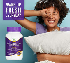 NBL NATURAL magnesium glycinate chelate supplement bottle 200mg 120 capsules beside smiling woman waking up fresh