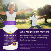 Magnesium glycinate chelate supplement bottle, 200 mg, 120 capsules, purple cap