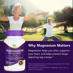 NBL NATURAL magnesium glycinate chelate supplement bottle with elderly couple practicing yoga outdoors and benefit text