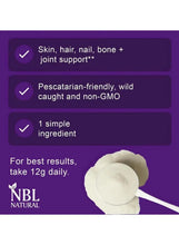 Collagen powder benefits card with skin, hair, nail, and joint support claims.