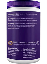Collagen powder container back label with storage, warnings, and GMP certification.