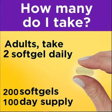 Fish oil supplement dosage card with hand holding softgels; adults take 2 daily