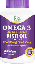 Omega 3 double strength fish oil supplement bottle, purple cap, 200 softgels