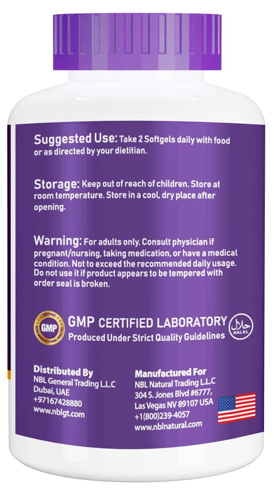 NBL NATURAL white bottle with purple cap showing omega 3 fish oil supplement UAE label and GMP badge