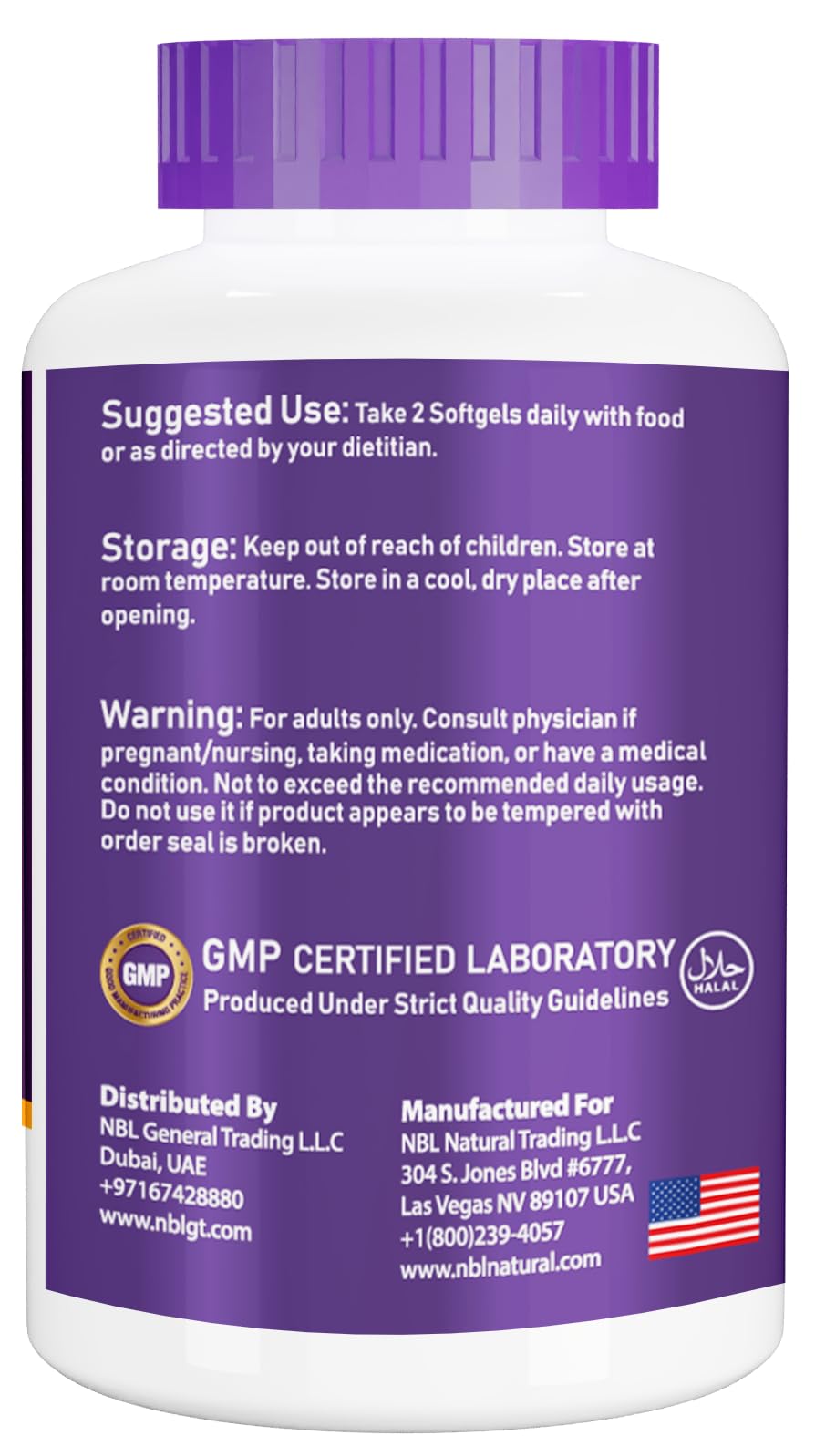 NBL NATURAL white bottle with purple cap showing omega 3 fish oil supplement UAE label and GMP badge