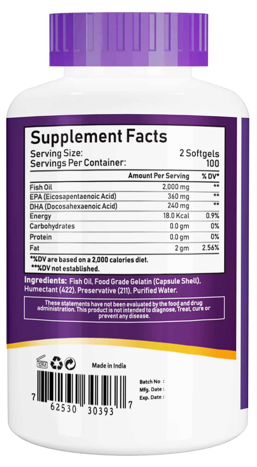 NBL NATURAL white bottle with purple cap showing supplement facts and ingredients for omega 3 fish oil supplement UAE
