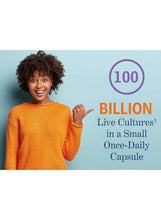 Probiotic supplement marketing card with woman and 100 billion daily capsule text