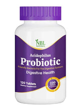 Acidophilus probiotic bottle, 120 tablets, purple cap, front label
