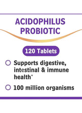 Acidophilus probiotic 120 tablets label showing digestive, immune support and 100 million organisms