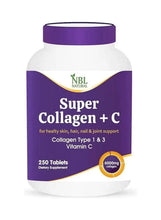 Collagen + C supplement bottle, purple cap, white bottle, 250 tablets label