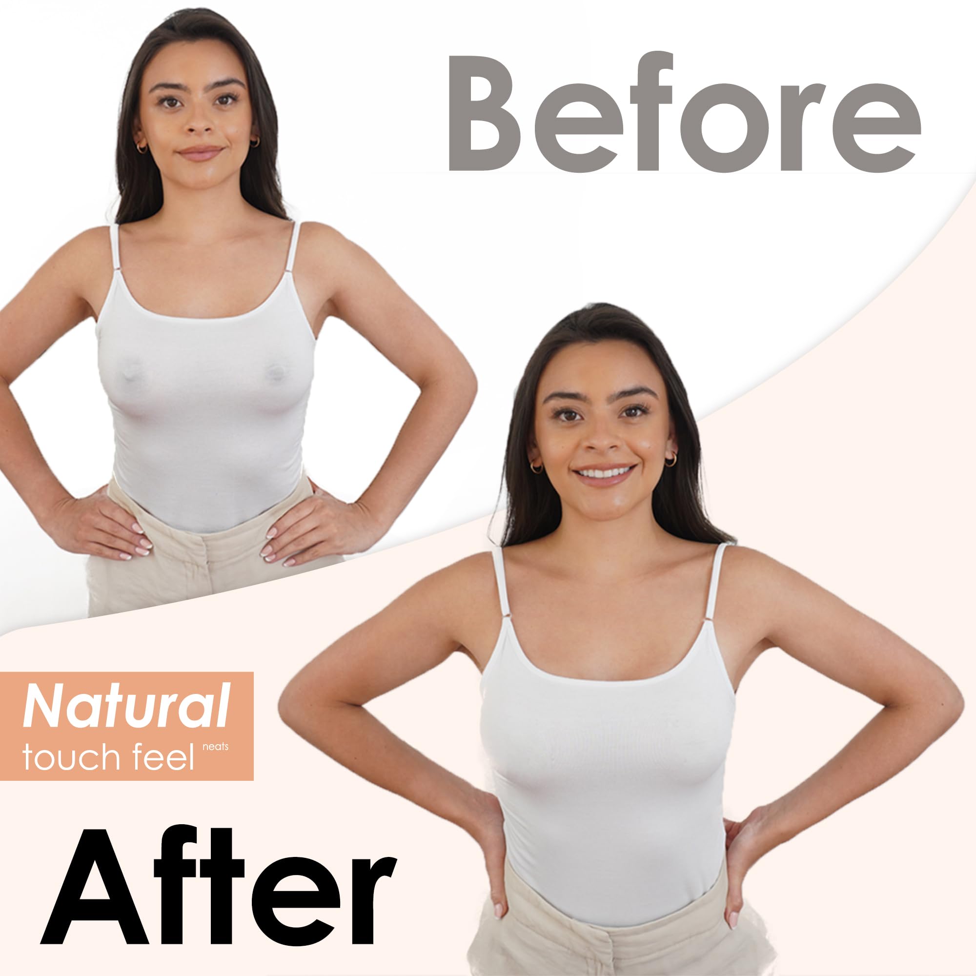 Before and after images showing the smooth effect of reusable nipple covers for women worn under a white tank top