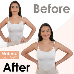Before and after images showing the smooth effect of reusable nipple covers for women worn under a white tank top